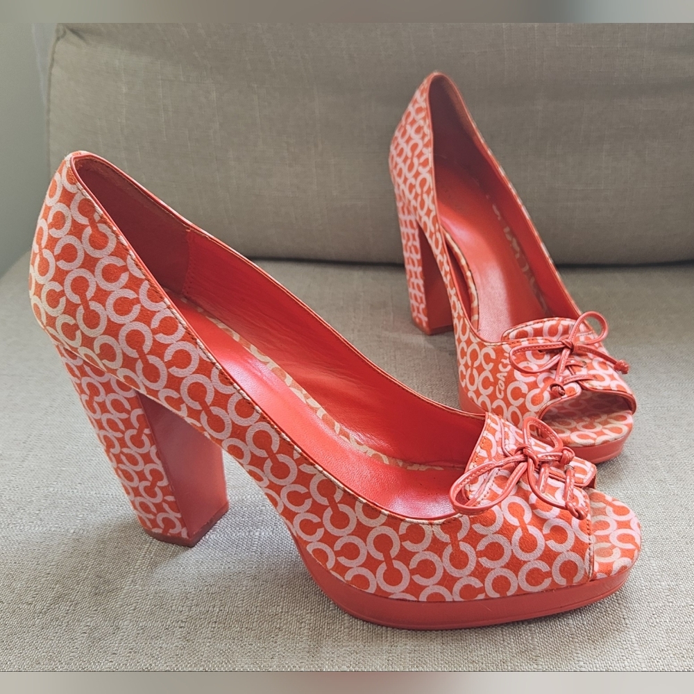 Coach Corey Open Toe High Heel Sandals Sz.9.5 Logo Print Shoes Orange & White C